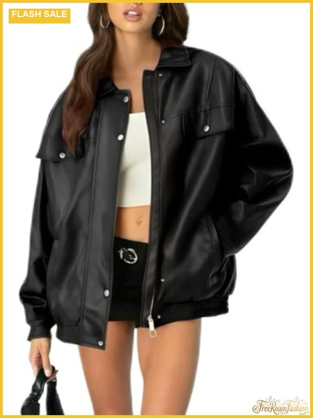 Oversized Faux Leather Jacket PU Vintage Zip Up Motorcycle Coat
